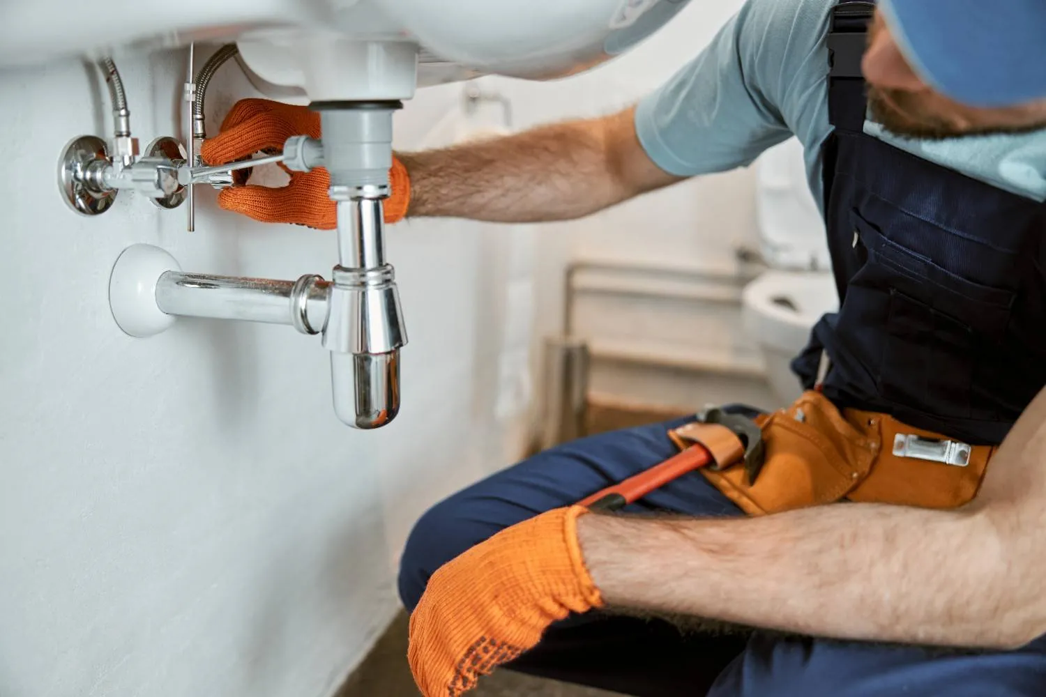 Plumber fixing pipes under a sink
